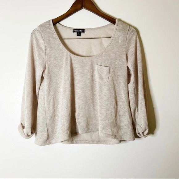 Crop Knit Sweater Swoop Neck Top lightweight 3/4 Sleeve Size Large Cream Tan - Picture 10 of 10